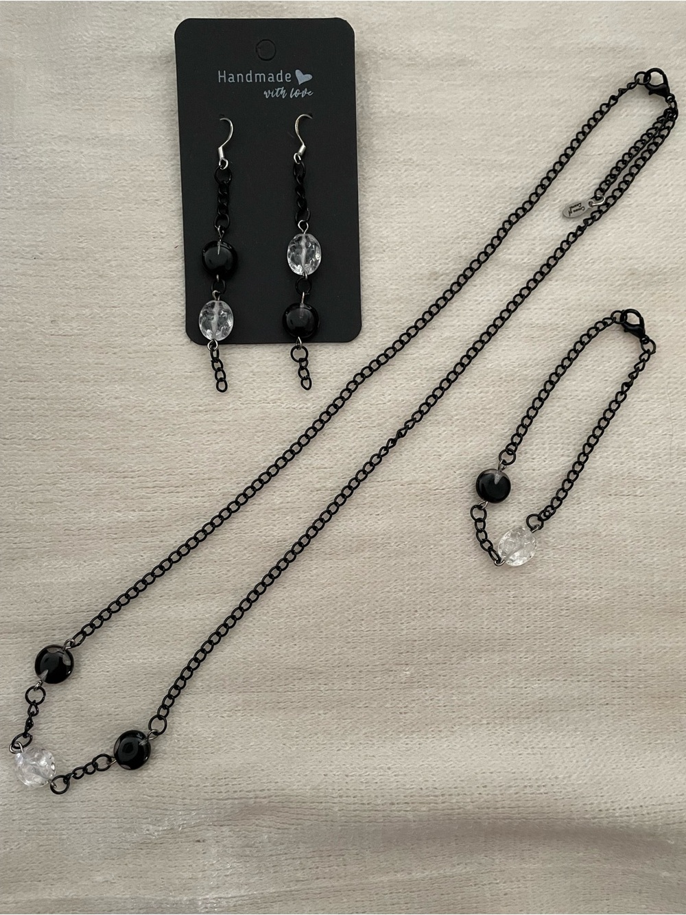 Handmade Black and Clear Bead Necklace with Bracelet and Earrings Set